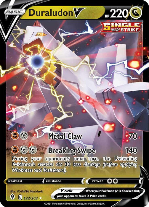 A Pokémon trading card featuring the Ultra Rare Duraludon V (122/203) [Sword & Shield: Evolving Skies] with 220 HP from the Evolving Skies set. The card is labeled as "Single Strike." Duraludon V is depicted in a dynamic pose with metallic armor and yellow energy streaks. It includes two attacks: "Metal Claw" (70 damage) and "Breaking Swipe" (140 damage). Its retreat cost.