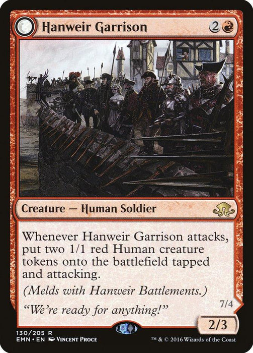 A Magic: The Gathering product titled "Hanweir Garrison [Eldritch Moon]." It shows an illustration of Human Soldiers defending a battlement. The card costs 2 colorless and 1 red mana, has power 2 and toughness 3, and generates two 1/1 red Human tokens when it attacks.