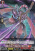 A fierce character wearing ornate armor and a horned mask holds a sword with a chain curling around his arm. Purple lightning crackles around him. The card, Stealth Rogue of Iron Blade, Oshikuni (D-BT01/057EN) from the Genesis of the Five Greats set in this Bushiroad trading card game, features text at the bottom left corner and a description of the Dragon Empire unit's special ability in the ability box.