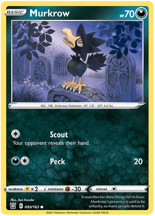 A Pokémon Murkrow (093/163) [Sword & Shield: Battle Styles] trading card featuring Murkrow from the Battle Styles set. Murkrow, a black bird with red eyes, stands in a forest with a crescent moon in the background. The card displays its hit points (HP 70) and abilities, "Scout" and "Peck." The illustration by Aya Kusube showcases the essence of Darkness in the Sword & Shield series.