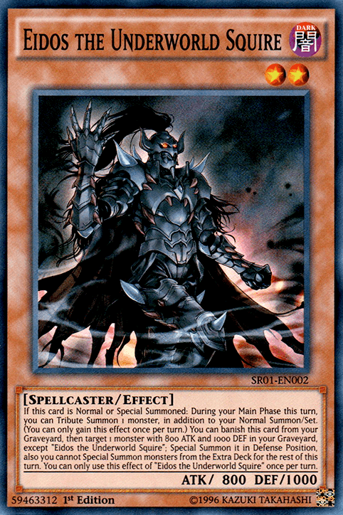 The image displays the Yu-Gi-Oh! Super Rare card "Eidos the Underworld Squire [SR01-EN002]," an Effect Monster. It showcases an armored knight with glowing red eyes wielding a long weapon. The card text describes its summoning abilities and special effects. With ATK 800 and DEF 1000, this spellcaster/effect monster is set in a dark-themed environment.
