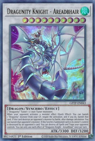 The image is of a Dragunity Knight - Areadbhair [GFTP-EN043] Ultra Rare from the Yu-Gi-Oh! series. This Synchro/Effect Monster wields a large spear and boasts impressive abilities with ATK 3300 and DEF 3200. Labeled 