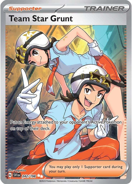A Team Star Grunt (242/198) [Scarlet & Violet: Base Set] Pokémon trading card featuring two Team Star Grunt characters in dynamic poses. The top character, a female, extends her arm outward, while the bottom male points forward. Both wear helmets with star symbols and white outfits with red accents. This Secret Rare card is numbered 242/198 and includes trainer designation and supporter effects.