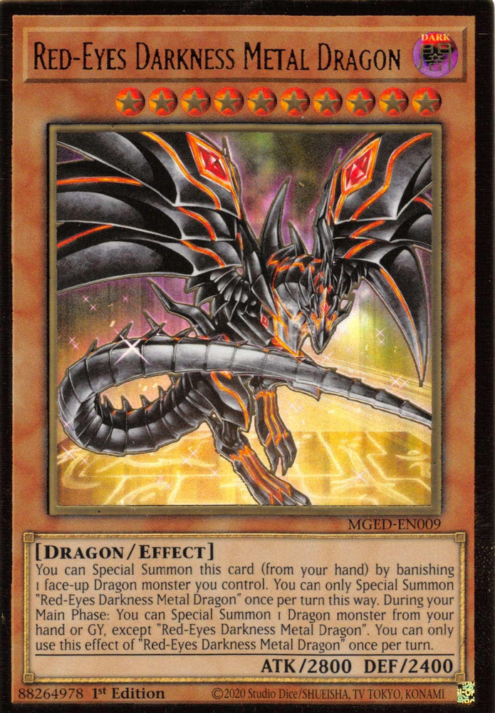 Image of a "Yu-Gi-Oh!" trading card called "Red-Eyes Darkness Metal Dragon (Alternate Art) [MGED-EN009] Gold Rare" from the Maximum Gold: El Dorado series. The card features a menacing black dragon with red and silver details, glowing red eyes, and fiery wings. It has attributes like ATK 2800 and DEF 2400, with card text describing its summoning conditions and powerful effects.
