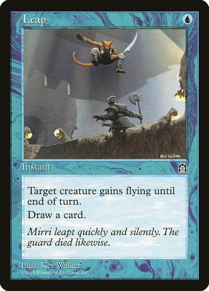 A Magic: The Gathering card titled "Leap [Stronghold]," illustrated by Kev Walker, features art of a cat warrior leaping through the air over rugged terrain, surprising an armored guard. This instant's text reads, "Target creature gains flying until end of turn. Draw a card.