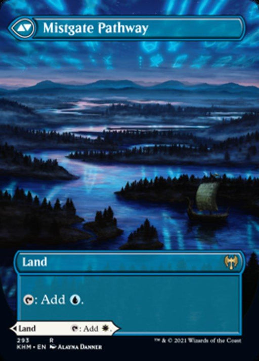 A "Magic: The Gathering" card titled "Hengegate Pathway // Mistgate Pathway (Borderless Alternate Art) [Kaldheim]." The image depicts a mystical landscape with a winding river reflecting a glowing blue and purple sky. Forested hills surround the river, and a small sailing ship is visible. This Rare Land from Kaldheim can produce either blue or white mana.