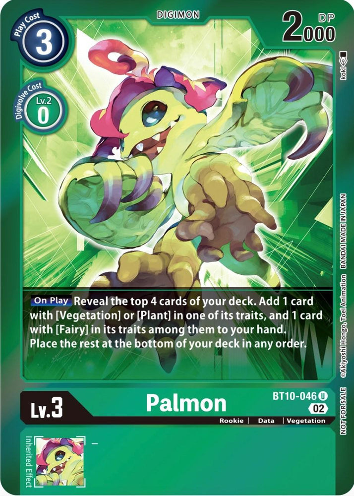 The Palmon [BT10-046] (Event Pack 4) card from the Digimon Xros Encounter Promos features a green, plant-like creature with red eyes, two large leaves on its head, and a smiling face. This promotional card has a play cost of 3, 2000 DP, and is categorized as a Level 3, Rookie, Data type Vegetation Digimon.