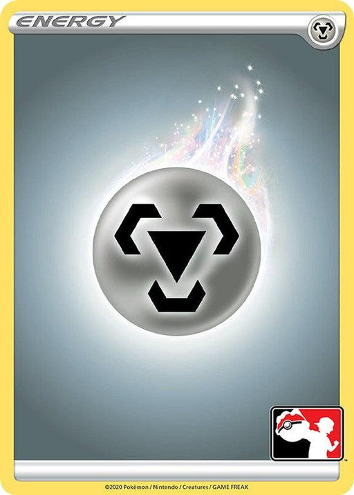 A Pokémon Metal Energy [Prize Pack Series One] from Pokémon featuring a Metal Energy design. The card has a yellow border and displays a metallic sphere with a black symbol resembling a stylized steel icon. A trail of light and sparkles fades behind the sphere. The bottom-right corner shows an illustration of a hand holding a Pokéball.