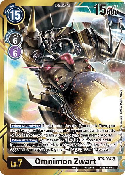 A Digimon card from the Battle of Omni set featuring the Super Rare Omnimon Zwart [BT5-087] in its Alternate Art - As'Maria variant. Omnimon Zwart appears as a mechanical, armored creature with large weapons on this card from the Digimon brand. It has a blue Play Cost of 15 and a purple Digivolve Cost of 6, with stats, abilities, and descriptions displayed in white and yellow text on a golden background.
