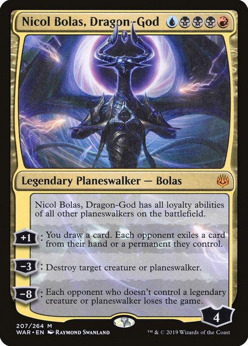 A Magic: The Gathering product titled Nicol Bolas, Dragon-God [War of the Spark]. The border is gold, signifying a Legendary Planeswalker. Illustrated with a dark, armored dragon figure with large horns and glowing eyes, the card has three abilities, loyalty points, and artwork by Raymond Swanland.