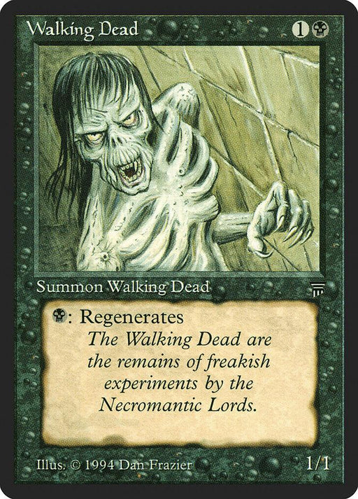 A "Walking Dead [Legends]" Magic: The Gathering card features a gaunt, skeletal Zombie with tattered flesh, emerging from a dark corner with one skeletal arm outstretched. The black-bordered card, signed by artist Dan Frazier and dated 1994, includes text detailing its abilities and lore under the necromantic lords.