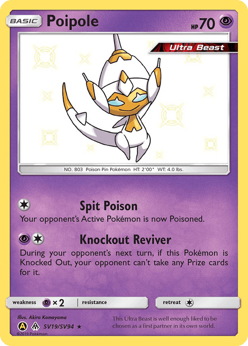 A Pokémon Poipole (SV19/SV94) [Sun & Moon: Hidden Fates - Shiny Vault] card from the Hidden Fates set featuring Poipole, an Ultra Beast. This Ultra Rare is a small, white and yellow creature with a sleek, angular design and a tail. The Basic type card boasts 70 HP and two attacks: "Spit Poison" and "Knockout Reviver." The background is purple with various details and stats.