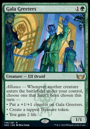 The Magic: The Gathering product, "Gala Greeters (Promo Pack) [Streets of New Capenna Promos]," features a card with rare Elf Druids in an ornate hall adorned with golden statues and arches. This multicolored creature card, illustrated by Bud Cook, includes an "Alliance" ability that offers options to boost counters, create Treasure tokens, or gain life.