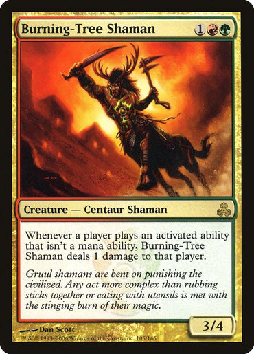 The Magic: The Gathering card "Burning-Tree Shaman [Guildpact]" features a fiery centaur shaman clad in tribal armor and carrying a staff. It has stats of 3/4 and requires green, red, and colorless mana to play. As part of the Gruul shamans, it deals damage under certain game conditions.