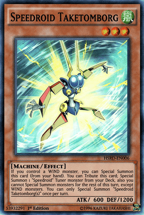 The image shows a Yu-Gi-Oh! card titled "Speedroid Taketomborg [HSRD-EN006] Super Rare." It features a robotic creature with blue and white armor, red accents, and a spinning propeller on its head. This WIND monster has an attack value of 600 and a defense value of 1200. The card’s effect text is also visible.