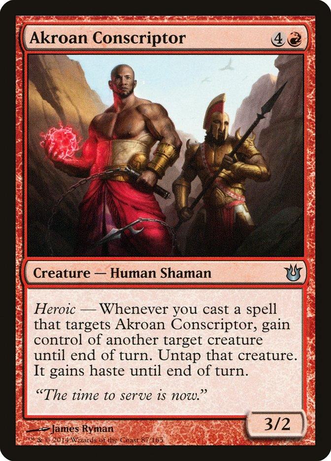 A Magic: The Gathering card named "Akroan Conscriptor [Born of the Gods]" requires 4 colorless mana and 1 red mana to cast. This Human Shaman boasts a power/toughness of 3/2, and its Heroic ability allows you to gain control of another creature when you cast a spell targeting it. The artwork showcases a muscular warrior.