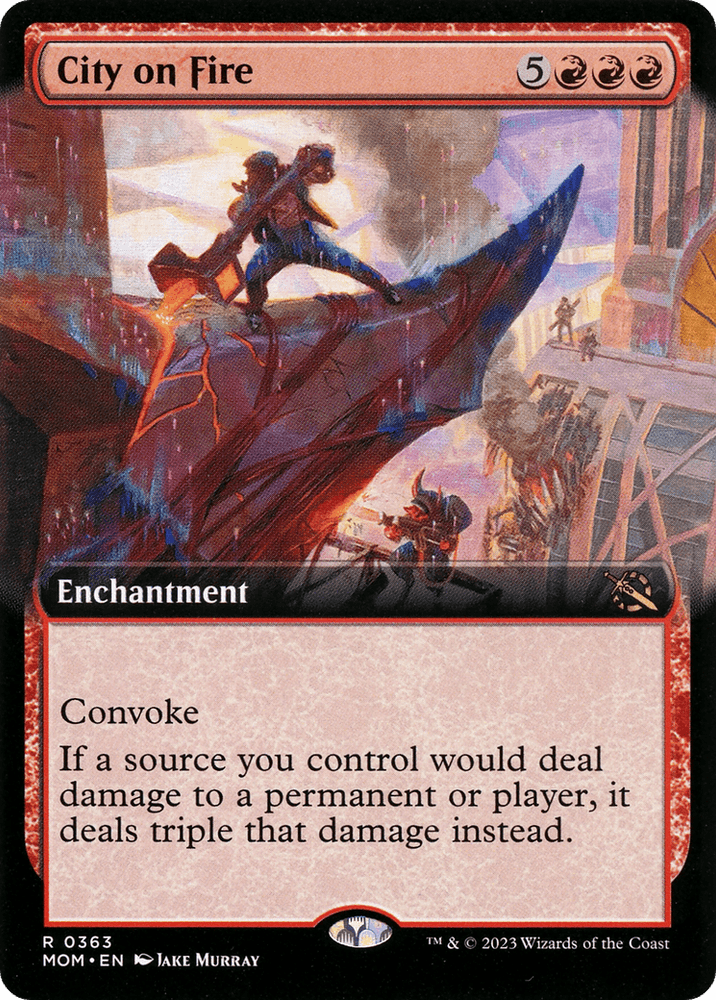 A Magic: The Gathering card titled "City on Fire (Extended Art) [March of the Machine]." Against a red background, it illustrates a city engulfed in flames, with several figures fighting amidst the destruction. This powerful Enchantment features Convoke and states, "If a source you control would deal damage to a permanent or player, it deals triple that damage instead." The mana cost is 5 and 3 red mana symbols.