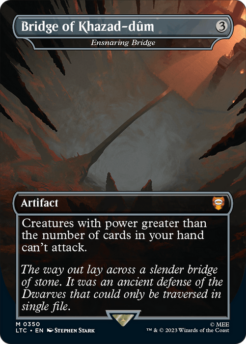 The image depicts a Magic: The Gathering card titled "Ensnaring Bridge - Bridge of Khazad-dum [The Lord of the Rings: Tales of Middle-Earth Commander]," a Mythic Artifact with a mana cost of 3. Its ability reads: "Creatures with power greater than the number of cards in your hand can't attack." The flavor text describes a narrow stone bridge essential for Dwarves in Middle-Earth Commander settings.