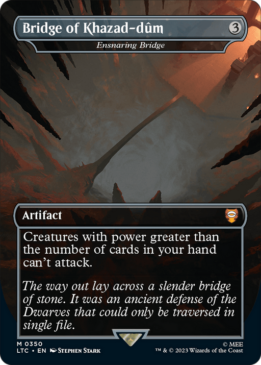 The image depicts a Magic: The Gathering card titled "Ensnaring Bridge - Bridge of Khazad-dum [The Lord of the Rings: Tales of Middle-Earth Commander]," a Mythic Artifact with a mana cost of 3. Its ability reads: "Creatures with power greater than the number of cards in your hand can't attack." The flavor text describes a narrow stone bridge essential for Dwarves in Middle-Earth Commander settings.
