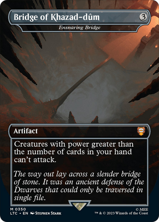 The image depicts a Magic: The Gathering card titled "Ensnaring Bridge - Bridge of Khazad-dum [The Lord of the Rings: Tales of Middle-Earth Commander]," a Mythic Artifact with a mana cost of 3. Its ability reads: "Creatures with power greater than the number of cards in your hand can't attack." The flavor text describes a narrow stone bridge essential for Dwarves in Middle-Earth Commander settings.