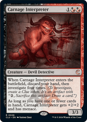 A Magic: The Gathering card from the Ravnica: Clue Edition titled "Carnage Interpreter [Ravnica: Clue Edition]." The card shows a red-skinned, devilish Creature Devil Detective holding bloodstained paper amidst dark, bloody scenery. With a mana cost of 1 red and 2 black, it boasts 3 power and 3 toughness.