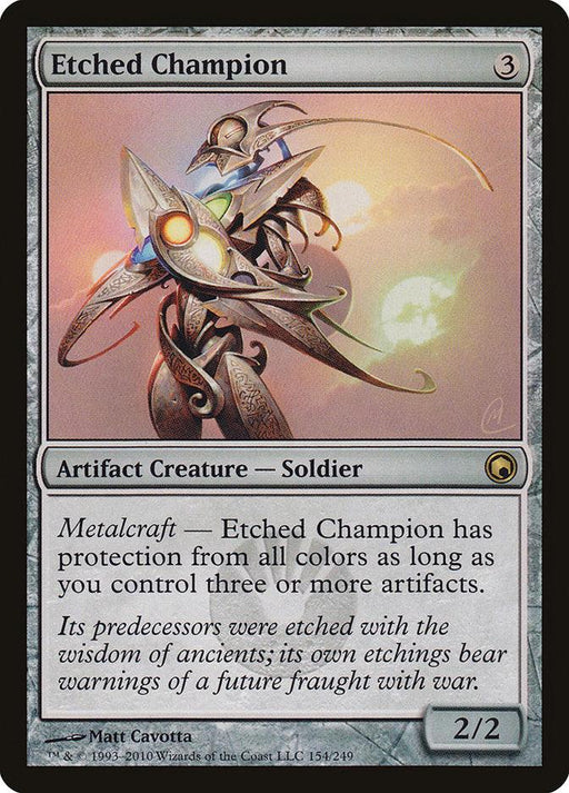A Magic: The Gathering card titled "Etched Champion [Scars of Mirrodin]" showcases an ethereal, robotic knight with bright, glowing armor. Featuring Metalcraft, its abilities, cost, and flavor text are displayed below the illustration. With a silver border indicating it is an Artifact Creature, it has 2/2 power/toughness.