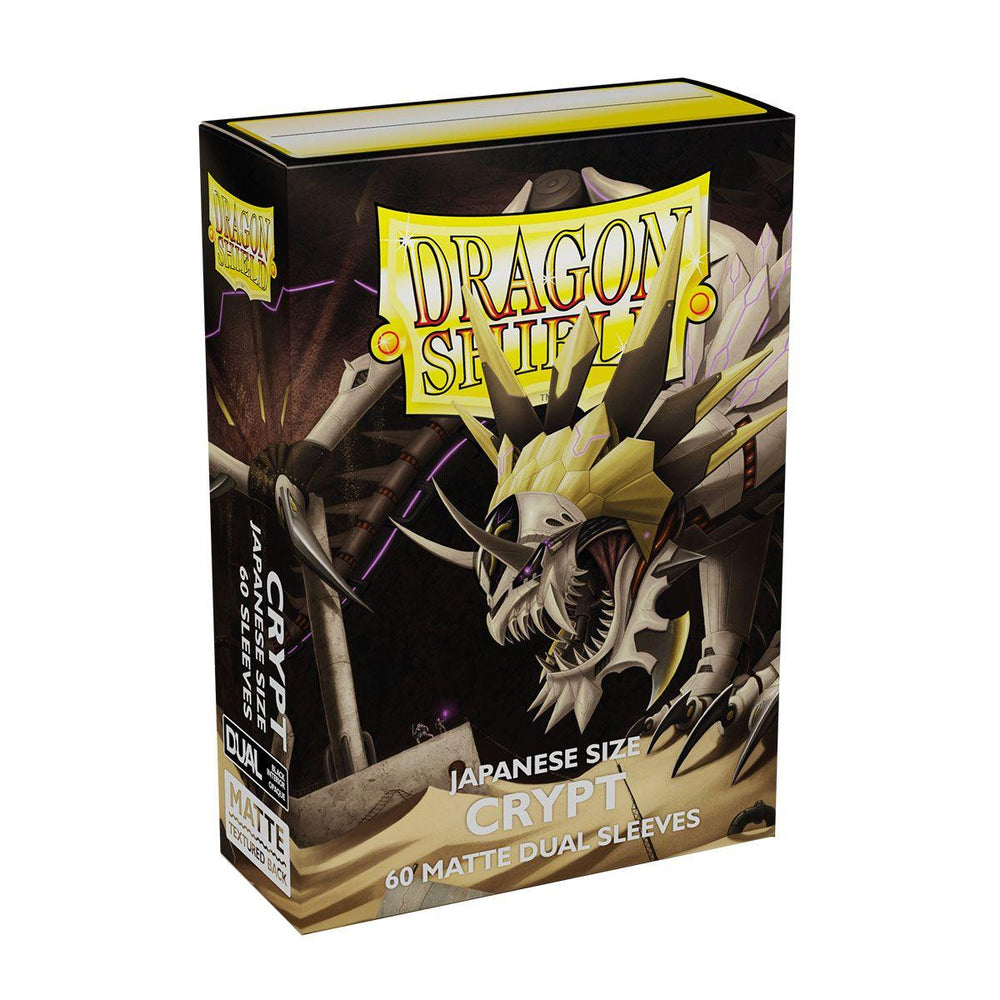 The "Dragon Shield: Japanese Size 60ct Sleeves - Crypt (Dual Matte)" by Arcane Tinmen feature a striking white skeletal dragon with large horns, glowing purple accents, and a vibrant fantasy-themed design. These 60 opaque sleeves include Dragon Shield Matte Dual sleeves with sleek black interiors.