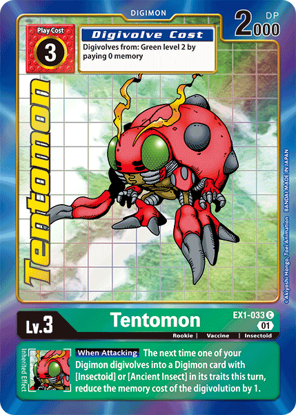 The image is of a Digimon card titled "Tentomon [EX1-033] (Alternate Art) [Classic Collection]." This card features Tentomon, an insectoid creature with red and green mechanical elements and yellow wings. It displays essential gameplay details including its play cost, digivolve cost, DP, type, and a description of its ability when attacking. The background consists of a grid adorned with the Digimon logo.