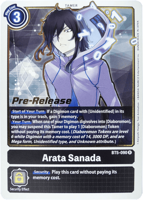 Image of a Digimon card titled "Arata Sanada [BT5-090] [Battle of Omni Pre-Release Promos]" from the Tamer category. Featuring a character with dark hair and a blue jacket, the top left shows a 3-cost icon. The card abilities describe gaining memory and playing tokens. It has a "Pre-Release" stamp from Battle of Omni, released by the Digimon brand.