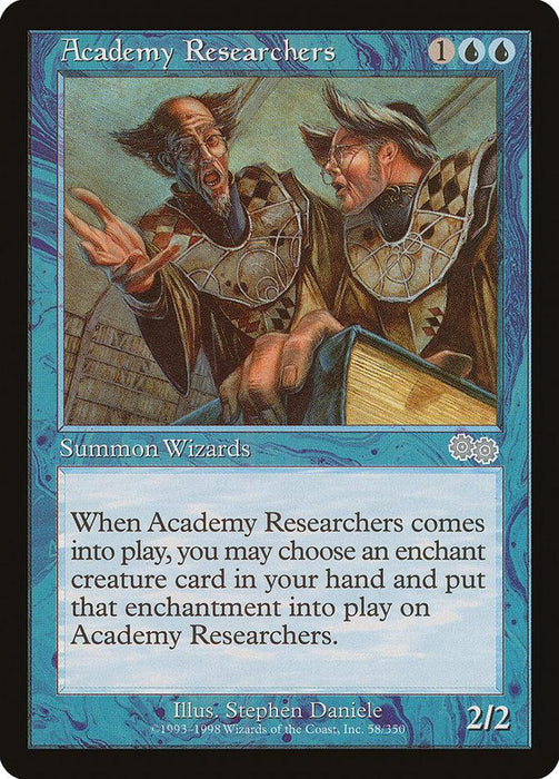 Magic: The Gathering product titled "Academy Researchers [Urza's Saga]". The card features an illustration of two wizardly figures in scholarly robes examining a scroll. With blue borders and a text box that explains its abilities, this Aura card has power and toughness indicated as 2/2.