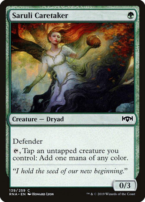 A Magic: The Gathering product titled "Saruli Caretaker [Ravnica Allegiance]" from the Ravnica Allegiance set. The card features an illustration of a dryad with flowing red hair, wearing a white dress and holding a seed. This Creature — Dryad has 0 attack, 3 defense, "Defender," and can tap to add one mana.