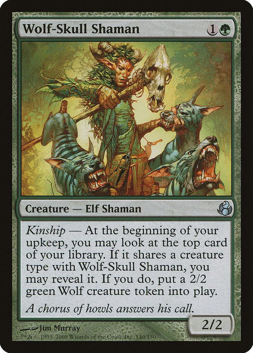 The image is a Magic: The Gathering card titled "Wolf-Skull Shaman [Morningtide]." It features artwork of an Elf Shaman holding a staff topped with a wolf skull, with two howling wolves beside him. The card costs 1 green and 1 generic mana and has 2 power and 2 toughness. Its abilities include creating a green Wolf creature token.