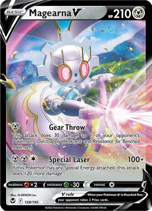 A Pokémon trading card featuring Magearna V (128/195) [Sword & Shield: Silver Tempest] from the Pokémon series. Magearna is depicted as a robotic creature with a spherical body, pink eyes, and gear-like ears. The Ultra Rare card has 210 HP and includes two moves: "Gear Throw," causing 30 damage, and "Special Laser," which does 100+ damage. The design is predominantly silver and pink.