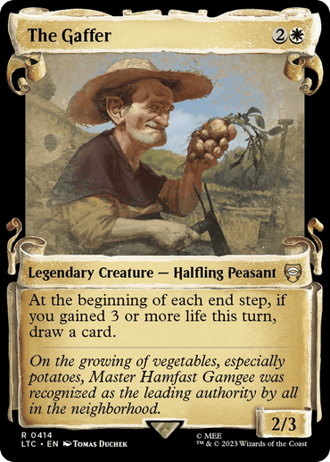 A Magic: The Gathering card named "The Gaffer [The Lord of the Rings: Tales of Middle-Earth Commander Showcase Scrolls]." This Middle-Earth Commander card depicts an elderly halfling peasant holding a bunch of potatoes. He wears a straw hat and stands against a countryside background. The card costs 2W, is a 2/3 creature, and lets you draw a card if you gained 3 or more life in a turn.