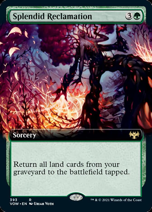 The "Splendid Reclamation (Extended Art)" Magic: The Gathering card, from the Innistrad: Crimson Vow set, features vivid art of a twisted tree with glowing red branches, surrounded by vibrant, illuminated foliage. Below the image, this sorcery's text reads: "Return all land cards from your graveyard to the battlefield tapped.