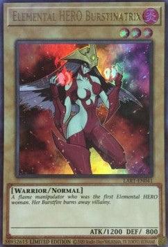 A Yu-Gi-Oh! trading card featuring "Elemental HERO Burstinatrix [LART-EN041] Ultra Rare." The card shows a female warrior with red armor, long black hair, and wielding a fire attack. As an Ultra Rare Warrior/Normal type with ATK 1200 and DEF 800, it’s part of The Lost Art Promotion. The background is colorful with hints of fire and cosmic elements.