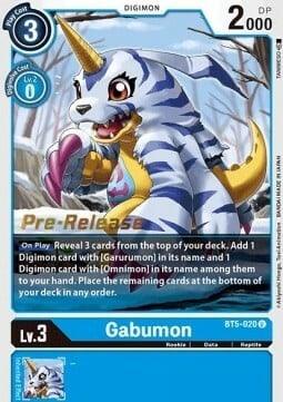 The Gabumon [BT5-020] trading card from the Battle of Omni Pre-Release Promos by Digimon features a blue-and-white striped creature with a yellow horn wearing a pelt. This Level 3 card costs 3 and has 2000 DP. It allows you to reveal and add cards with 