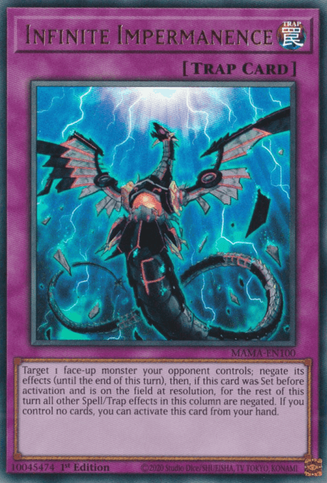 A Yu-Gi-Oh! Trap Card titled "Infinite Impermanence [MAMA-EN100] Ultra Rare" with a purple border. The card features an image of a serpentine dragon surrounded by blue energy and lightning. Below the image, there's card text detailing its gameplay effect to negate its effects. This Ultra Rare 1st Edition is from 2020.