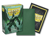 Image of a box of Dragon Shield: Japanese Size 60ct Sleeves - Power (Matte) by Arcane Tinmen, showcasing the front and back. The box features artwork of a dragon warrior in metallic green armor, labeled "Japanese Size Power 60 Matte Dual Sleeves." Ideal for TCG cards, the sleeves are green on one side and black with a gold Dragon Shield logo on the other.