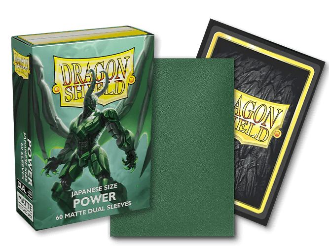 Image of a box of Dragon Shield: Japanese Size 60ct Sleeves - Power (Matte) by Arcane Tinmen, showcasing the front and back. The box features artwork of a dragon warrior in metallic green armor, labeled "Japanese Size Power 60 Matte Dual Sleeves." Ideal for TCG cards, the sleeves are green on one side and black with a gold Dragon Shield logo on the other.