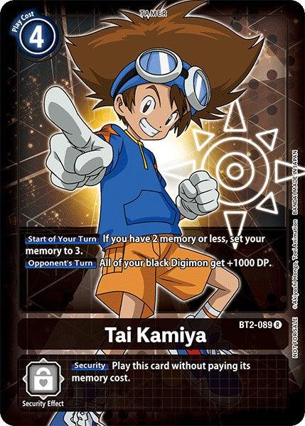 A Digimon Tamer card, named Tai Kamiya [BT2-089] (Official Tournament Pack Vol.3) [Release Special Booster Promos], showcases the character Tai Kamiya with his signature spiky brown hair and goggles on his head. Dressed in a blue T-shirt and orange pants, he confidently points forward with a smile. This promo card includes rules and effects for the game, has a play cost of 4, and is part of the Digimon brand.