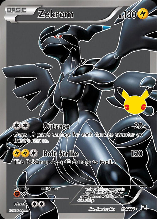 An Ultra Rare Zekrom (114/114) [Celebrations: 25th Anniversary - Classic Collection] from Pokémon. The card features an illustration of Zekrom, a black dragon-like creature with blue accents, and HP of 130. The moves listed are "Outrage" and "Bolt Strike," with symbols for Dragon-type weakness, resistance, and a retreat cost of two energy.