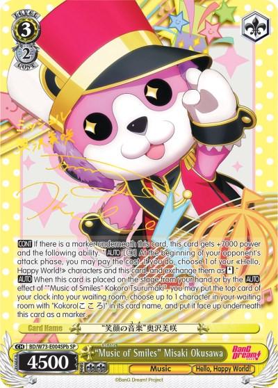A "Music of Smiles" Misaki Okusawa (BD/W73-E004SPb SP) [BanG Dream! Vol.2] trading card from Bushiroad features Misaki Okusawa from Hello Happy World, depicted as a bear in a red and black uniform with a hat, playing a trumpet. The Special Rare card boasts various stats and descriptions along the bottom half against a colorful background with musical notes.