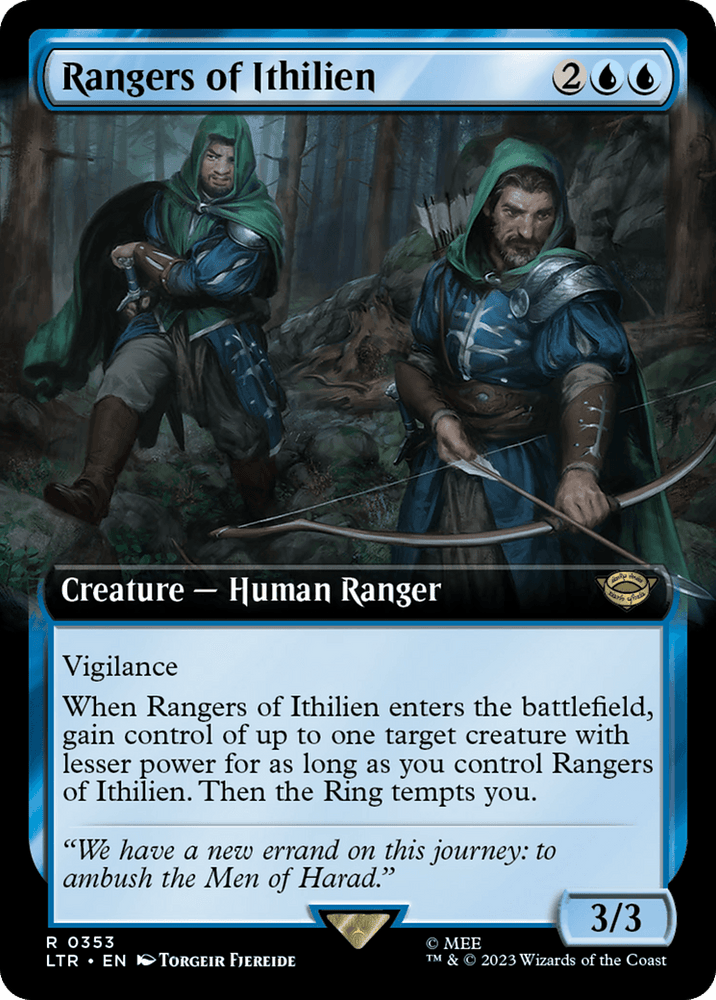 A Magic: The Gathering card from Tales of Middle-Earth, titled "Rangers of Ithilien (Extended Art) [The Lord of the Rings: Tales of Middle-Earth]," depicts two hooded rangers in a forest with ivy-covered trees. Costing 2 colorless and 2 blue mana, it has 3/3 power/toughness, Vigilance, and a creature control ability.