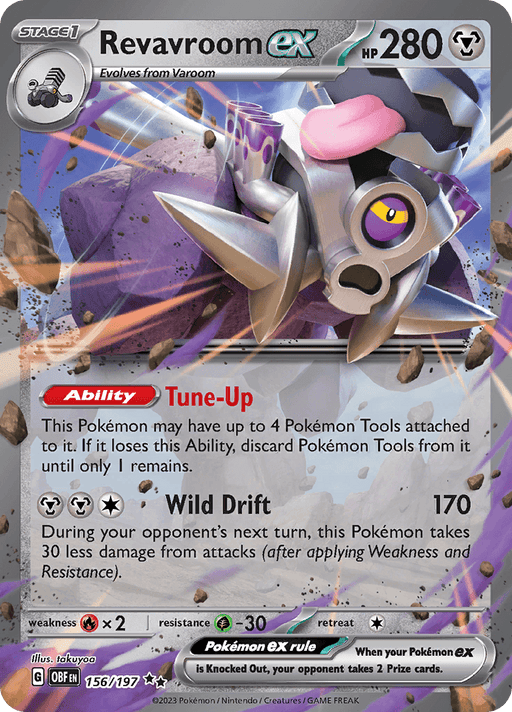 A Double Rare Pokémon card featuring Revavroom ex (156/197) [Scarlet & Violet: Obsidian Flames] with 280 HP. It evolves from Varoom and displays its Steel type. The card, part of the Scarlet & Violet series, has the Ability "Tune-Up" allowing up to 4 Pokémon Tools to be attached but loses them upon Ability loss. Its move, "Wild Drift," deals 170 damage and reduces damage taken by 30 in