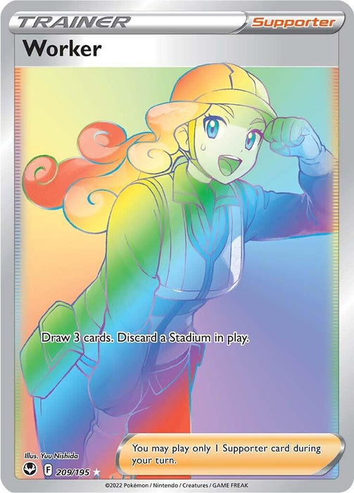 A Pokémon Secret Rare trading card titled "Worker (209/195) [Sword & Shield: Silver Tempest]" features an illustration of a cheerful woman with red hair and a yellow hard hat, wearing a green vest and blue shirt. Rainbow gradients overlay the image. Text: "Draw 3 cards. Discard a Stadium in play." It is card number 209/195 from the Silver Tempest set of Sword & Shield (2022).