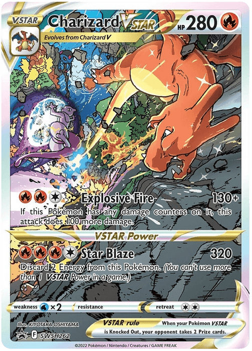 A Charizard VSTAR (SWSH262) [Sword & Shield: Black Star Promos] from Pokémon with HP 280. The card displays Charizard breathing fire amid a forest fire. It features two attacks: Explosive Fire (130+ damage) and VSTAR Power Star Blaze (320 damage). The card adheres to the Pokémon VSTAR and VSTAR Power rules, denoting special abilities and limitations.