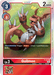 A Digimon Promotional Card, Guilmon [P-041], features Guilmon, a brown dinosaur-like creature with large claws and a red and white color scheme. Guilmon is in a playful pose on its back with a grassy background. The card details include a play cost of 3, a level of 3, 2000 DP, and the special ability to draw 1 card when attacking.