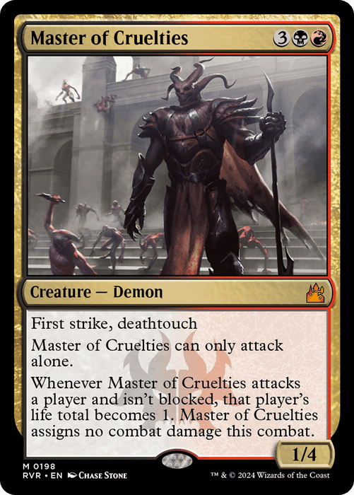 The image displays the "Master of Cruelties [Ravnica Remastered]" Magic: The Gathering card from the Ravnica Remastered set. This mythic card features a demonic creature in dark armor wielding a menacing staff. Its abilities include first strike, deathtouch, and a special combat effect. The card's border is black and red, with a power/toughness of 1/4.