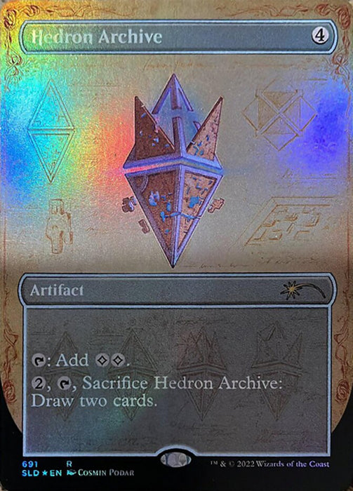 A holographic collectible trading card titled "Hedron Archive (Blueprint) [Secret Lair Drop Promos]" from the Magic: The Gathering series. This artifact features a brown, polygonal hedron illustration at the center and has a casting cost of 4 colorless mana. Its abilities include: tap to add 2 colorless mana, and tap plus sacrifice to draw two cards.